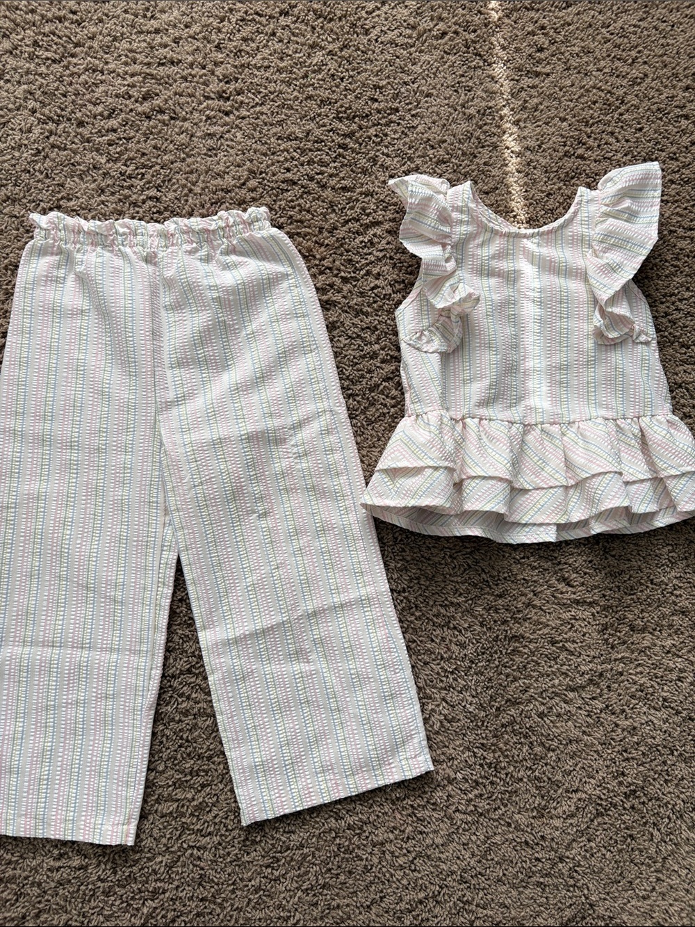 Catherine Malandrino Pastel Stripe Ruffle Matching Set - White with Pink & Green